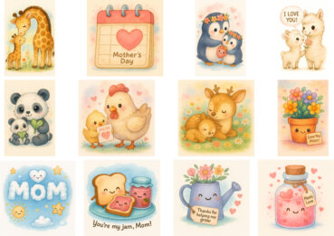 Kawaii Muttertag + andere Feierlichkeiten: 52 Dekorationen & Requisiten Clipart-Set – Bild 2
