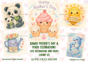 Kawaii Muttertag + andere Feierlichkeiten: 52 Dekorationen & Requisiten Clipart-Set
